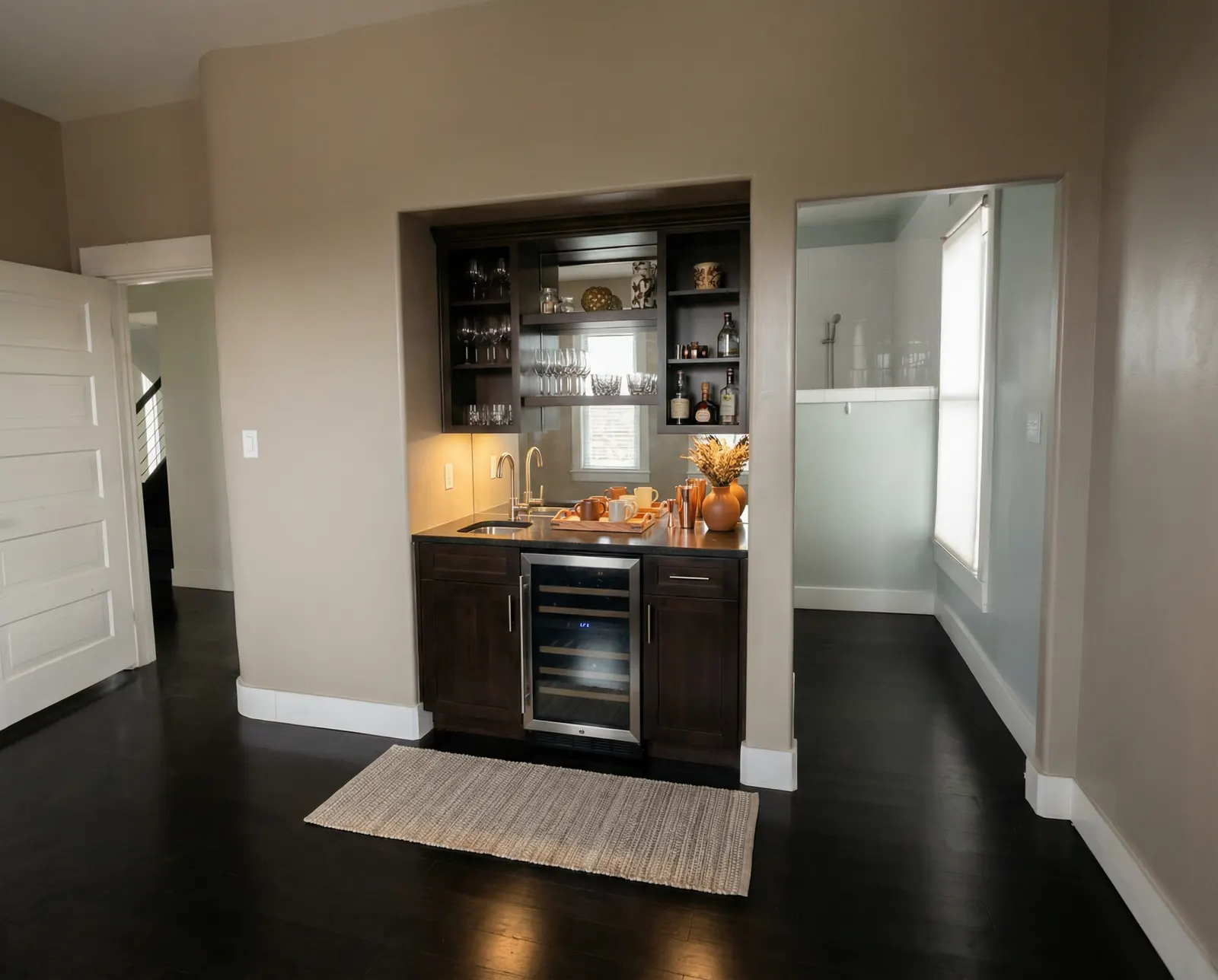 Main room of The Gable, a corner suite with original hardwood and a wet bar at The Leschi Collection