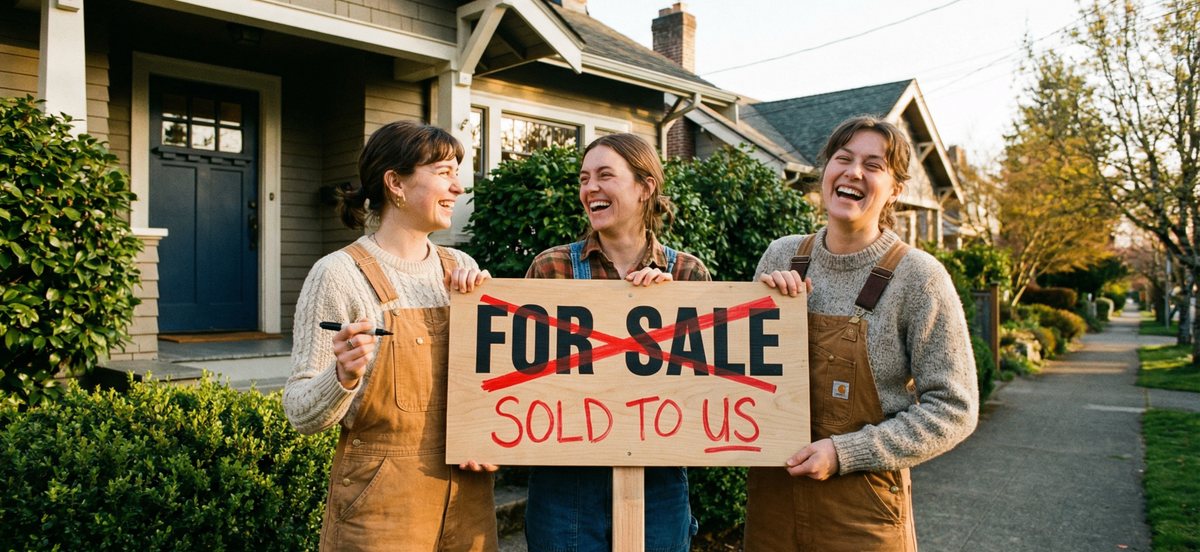 Three new co-homeowners outside their home in Seattle