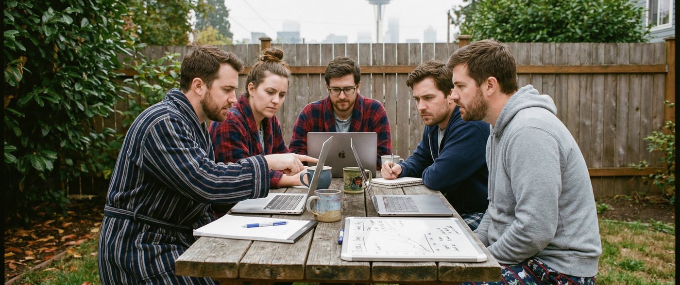 Five people working out the numbers together at a backyard table in Seattle