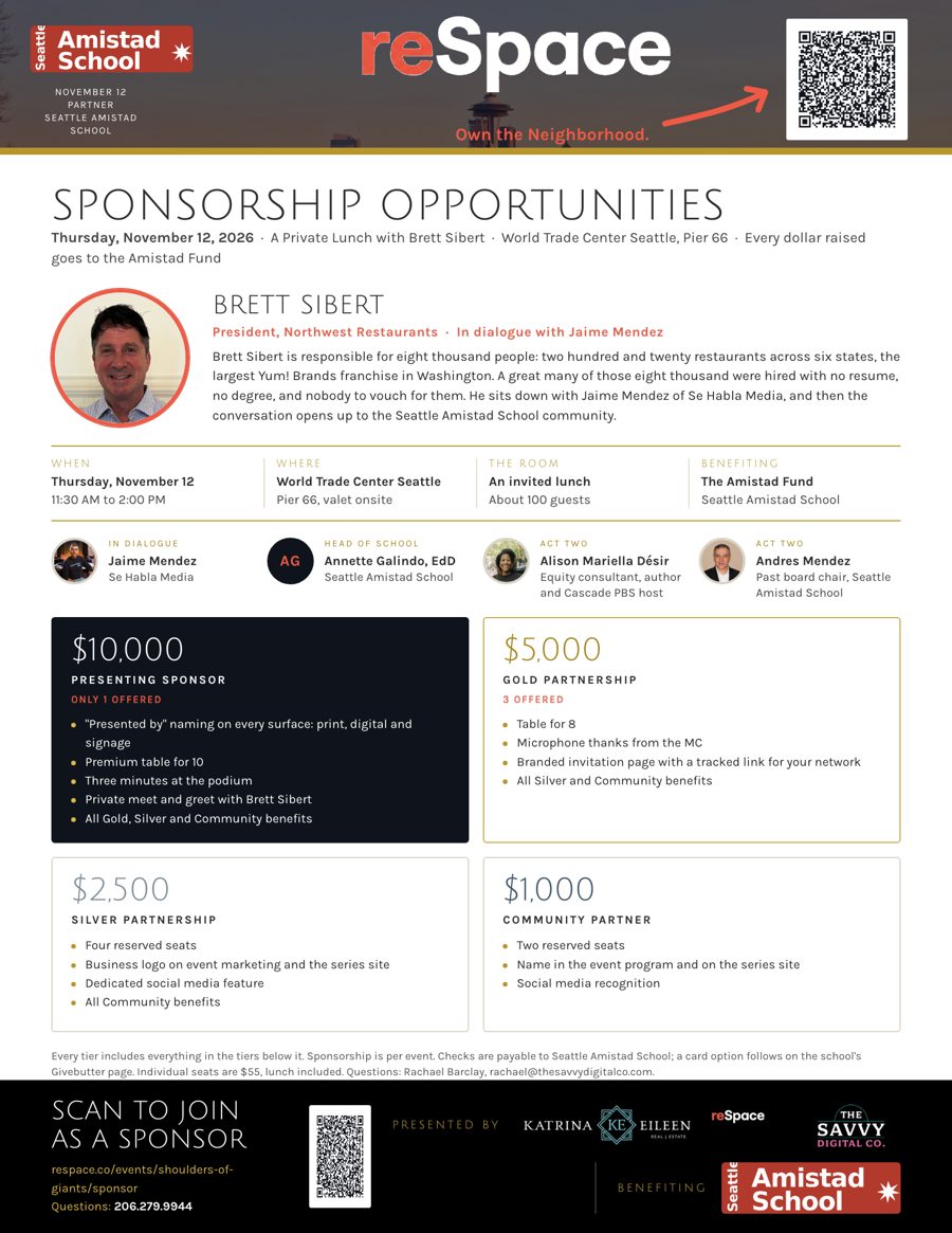 Shoulders of Giants November 12 sponsorship flyer: Presenting, Gold, Silver and Community Partner tiers